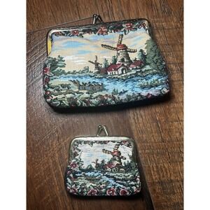 Windmill Tapestry Small And Smaller Coin Pouch Kiss Lock "Cottage Core" Vintage